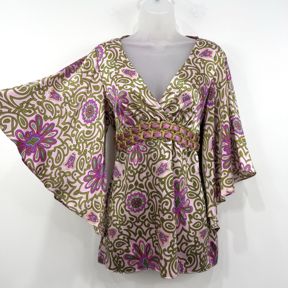 Alice & Trixie Silk Blouse L Pink Green Floral Y2K Boho Fairy Flutter Sleeve Top
